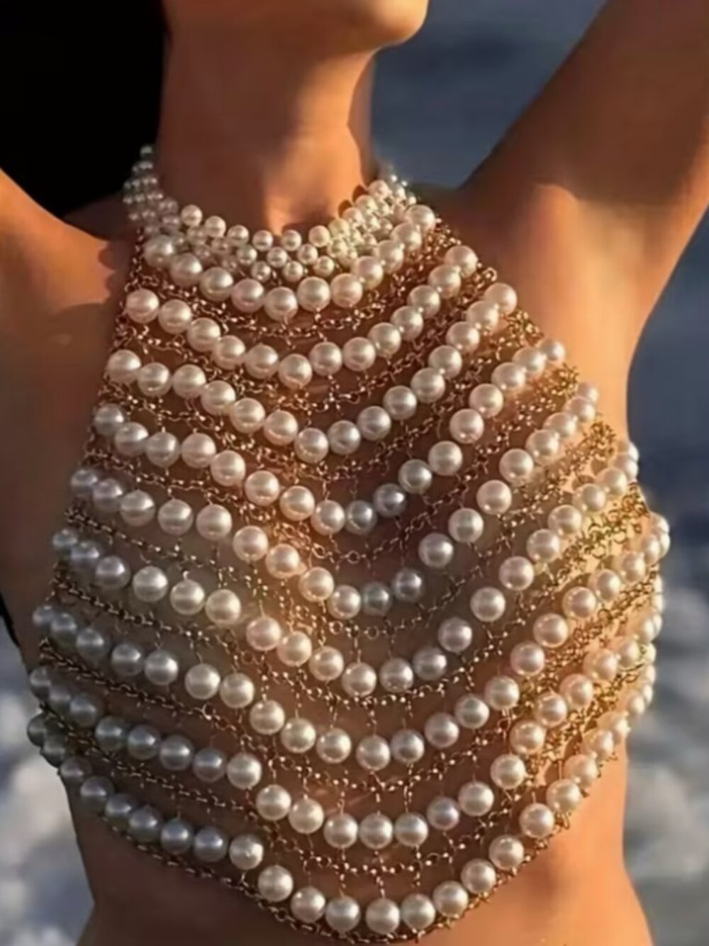 Pearl & Gold Chain Halter Top